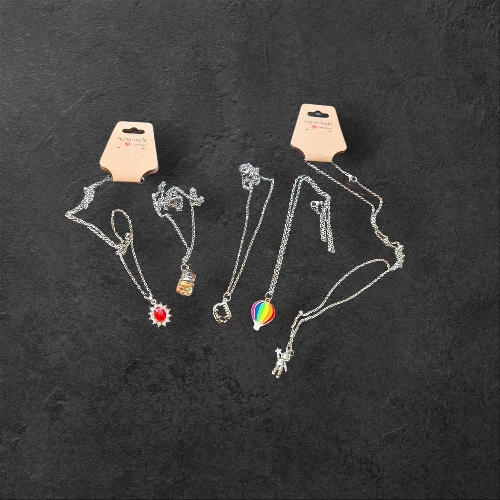 Silver Necklace Set with Colorful Charms 17"- 22" Set Of 5
